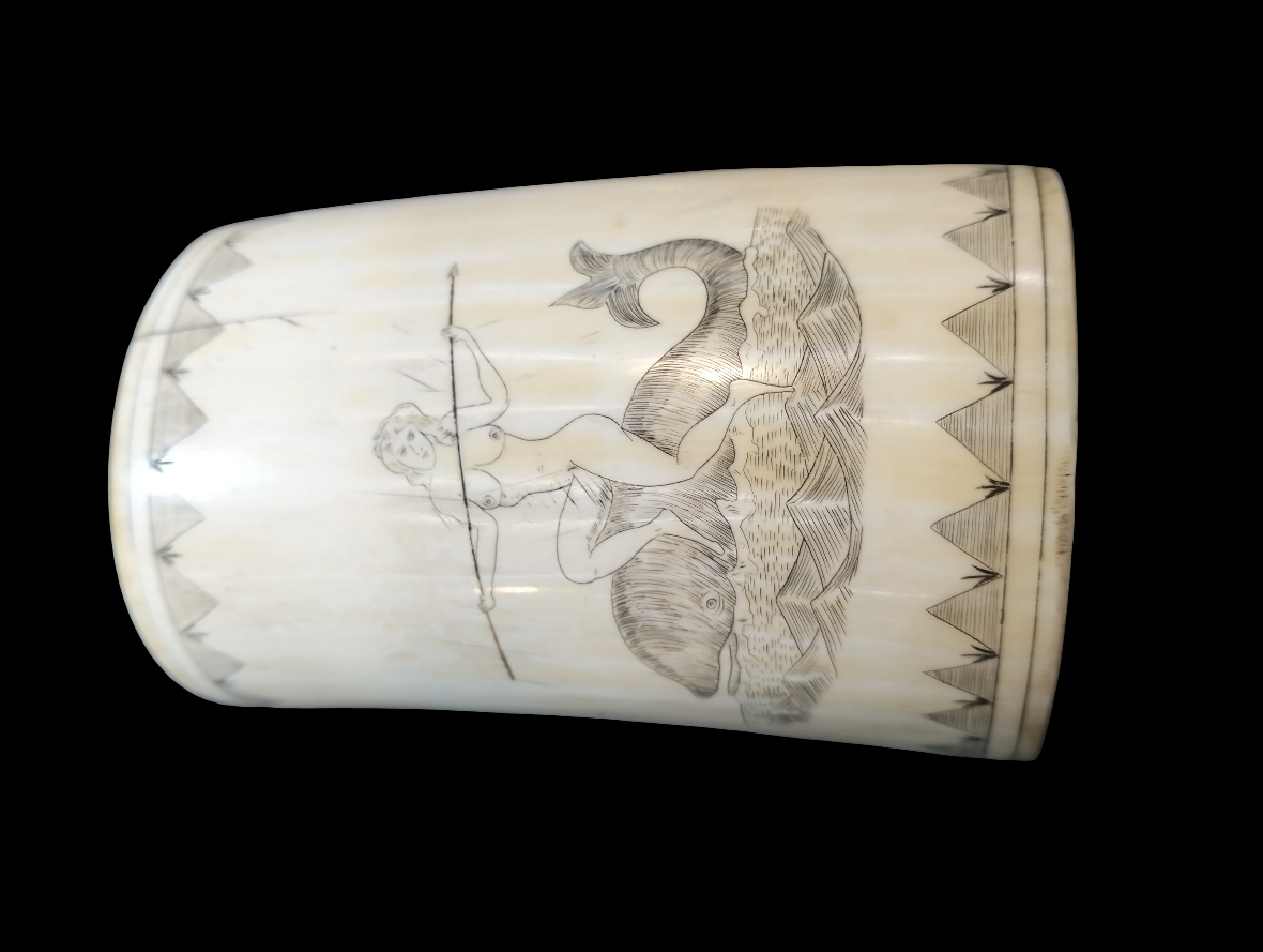 Bone whaling cup Scrimshaw style work 1850